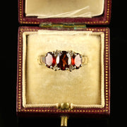 Victorian Style Garnet Diamond Trilogy Ring 9Ct Gold