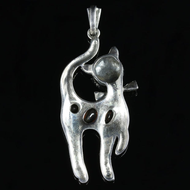 Garnet Marcasite Cat Pendant Silver