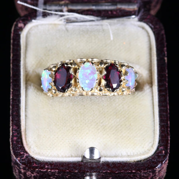 Garnet Opal 5 Stone Ring 9Ct Gold