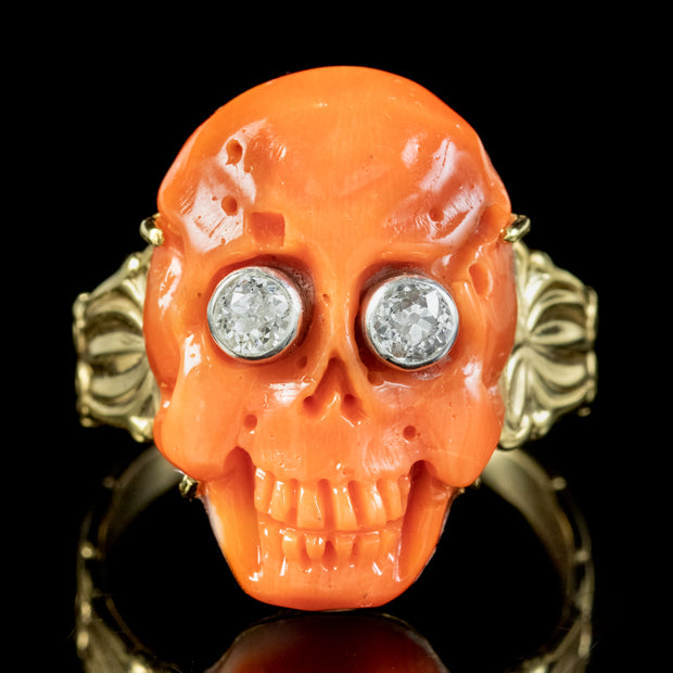 Georgian Memento Mori Style Coral Skull Ring Diamond Eyes