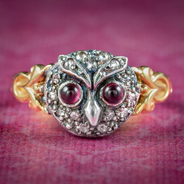 Georgian Style Diamond Owl Ring Garnet Eyes 