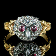 Georgian Style Diamond Owl Ring Garnet Eyes 