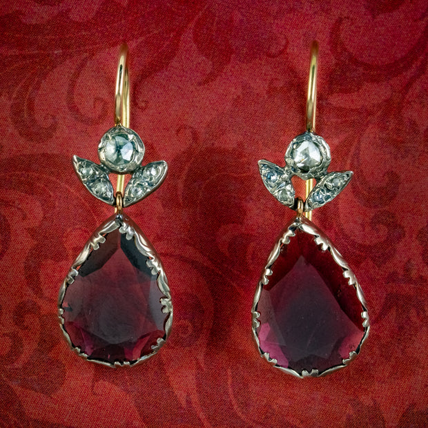 Georgian Style Flat Cut Garnet Diamond Earrings 