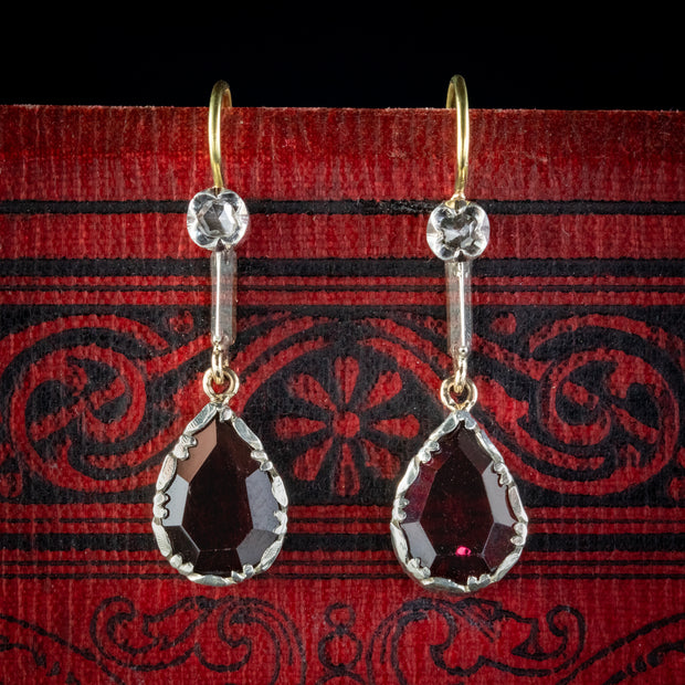Georgian Style Garnet Diamond Drop Earrings Silver 18ct Gold