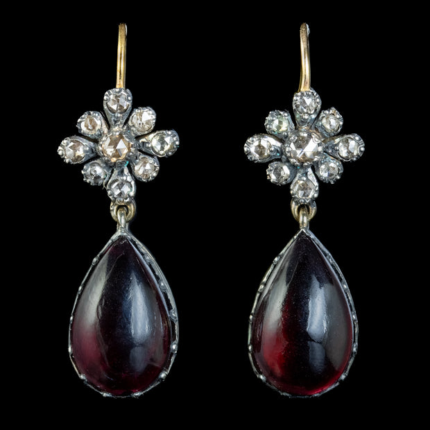 Georgian Style Garnet Diamond Drop Earrings Silver Gold Gilt