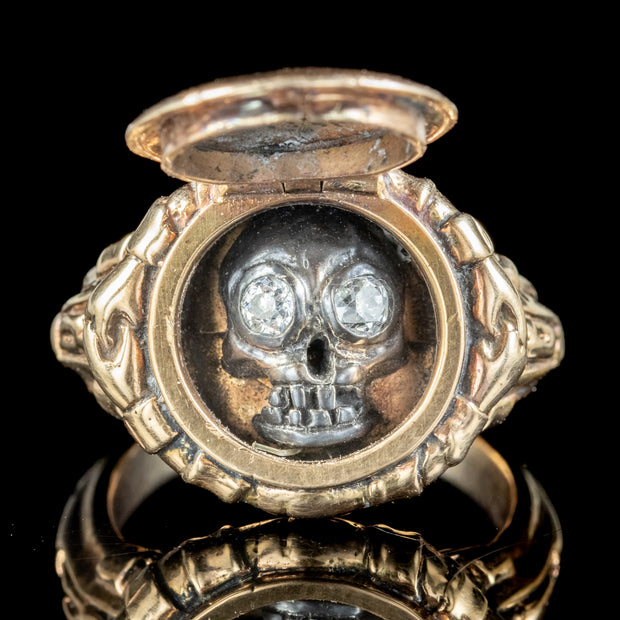 Georgian Style Memento Mori Diamond Skull Locket Ring 18ct Gold