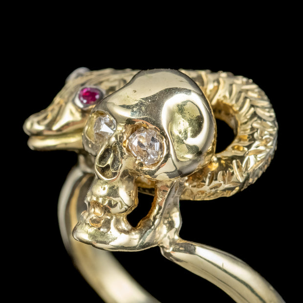 Georgian Style Memento Mori Ruby Diamond Snake And Skull Ring 