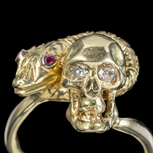 Georgian Style Memento Mori Ruby Diamond Snake And Skull Ring 