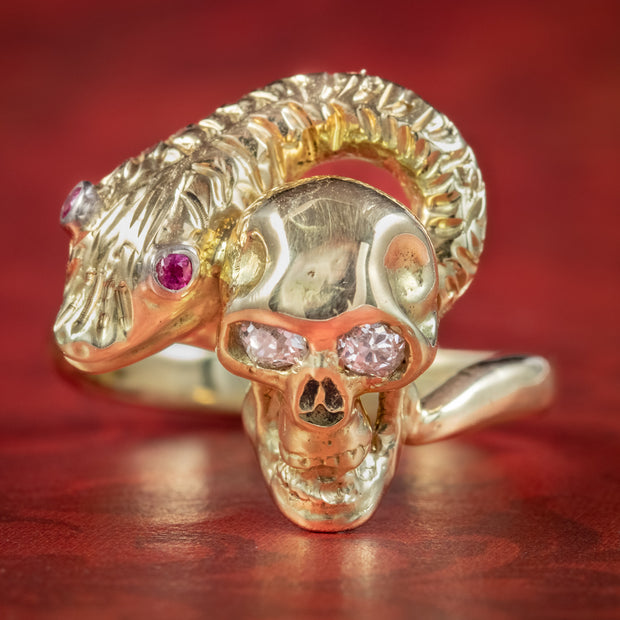 Georgian Style Memento Mori Ruby Diamond Snake And Skull Ring 