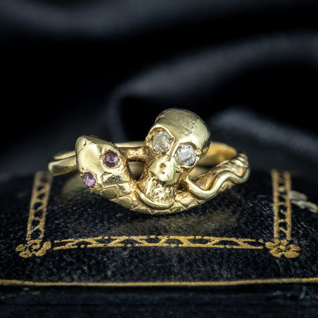 Georgian Style Memento Mori Skull And Snake Ring Diamond Ruby Eyes