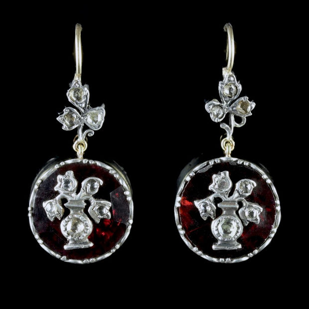 Georgian Style Garnet Diamond Flower Earrings 18ct Gold Silver