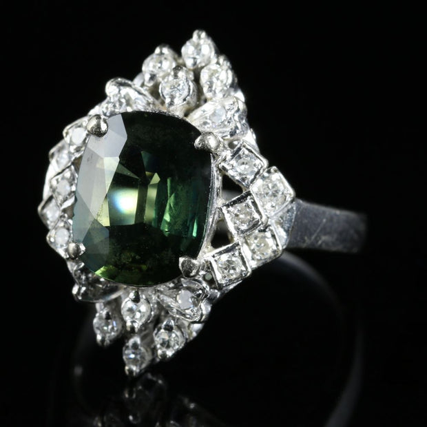 Green Sapphire Diamond Ring 18Ct White Gold Rare 4Ct Green Sapphire
