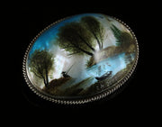Hand Painted Shell Brooch Japanese Fishing Scene