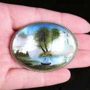 Hand Painted Shell Brooch Japanese Fishing Scene