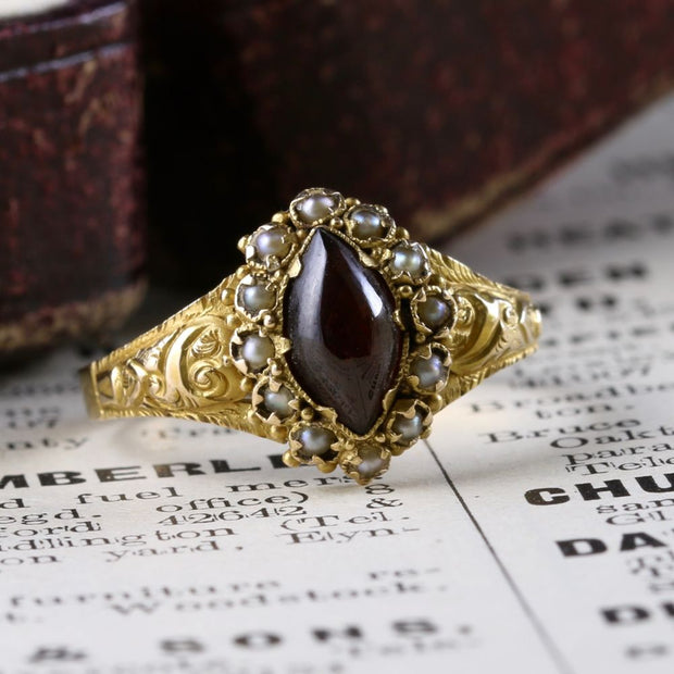 Antique Georgian Garnet Pearl Ring 18Ct Gold Circa 1820