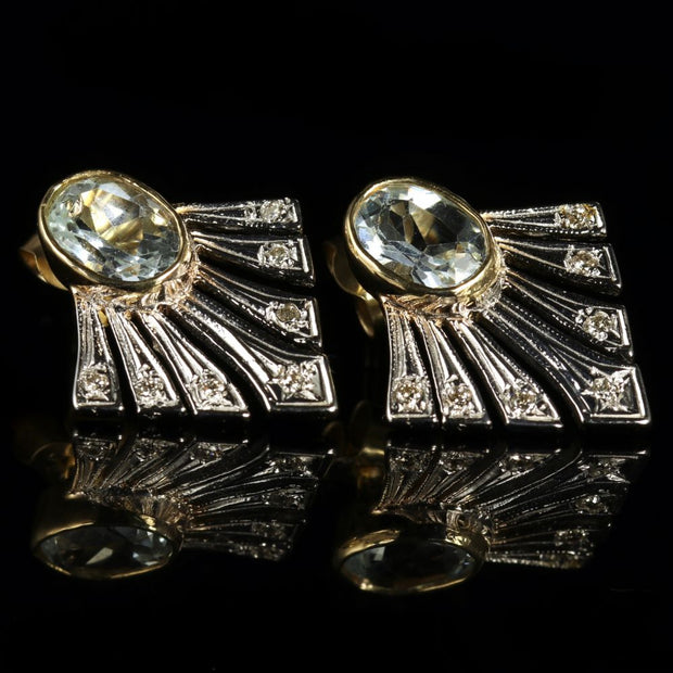 Topaz And Diamond Fan Earrings 9Ct Gold
