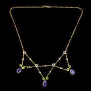 Antique Edwardian Suffragette Amethyst Pearl Peridot Festoon Necklace With Box