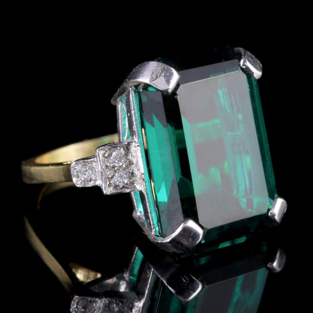 Large Green Paste Art Deco Ring 18Ct Gold Silver