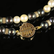 Long Pearl Necklace 14K Gold Clasp Black And White Pearl