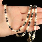 Long Pearl Necklace 14K Gold Clasp Black And White Pearl