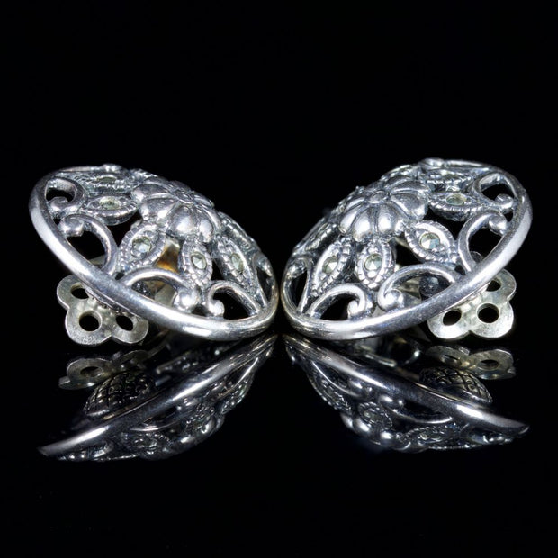 Victorian Style Marcasite Floral Clip On Earrings Silver