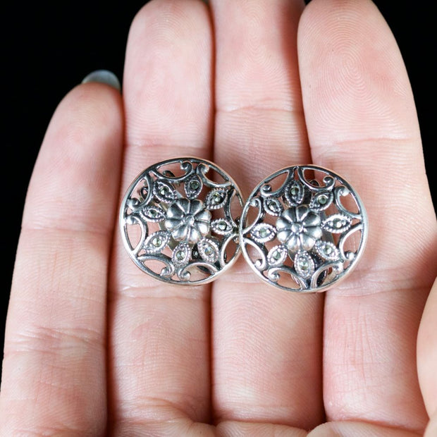 Victorian Style Marcasite Floral Clip On Earrings Silver