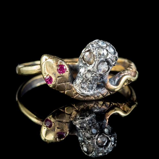 Memento Mori Diamond Ruby Skull Snake Ring 15ct Gold Silver