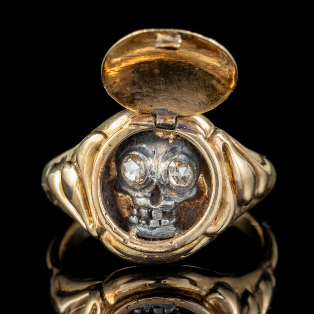 Memento Mori Diamond Locket Skull Ring 18ct Gold