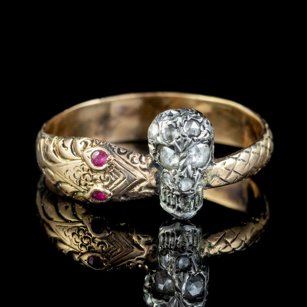 Memento Mori Diamond Ruby Skull Snake Ring 18Ct Gold Silver