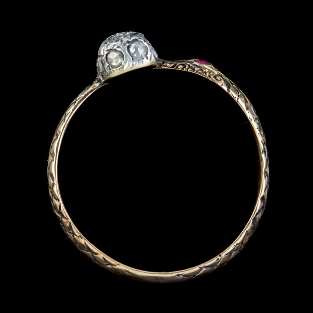 Memento Mori Diamond Ruby Skull Snake Ring 18Ct Gold Silver