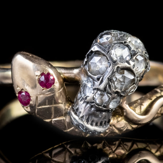 Memento Mori Diamond Skull And Ruby Snake Intertwined Ring