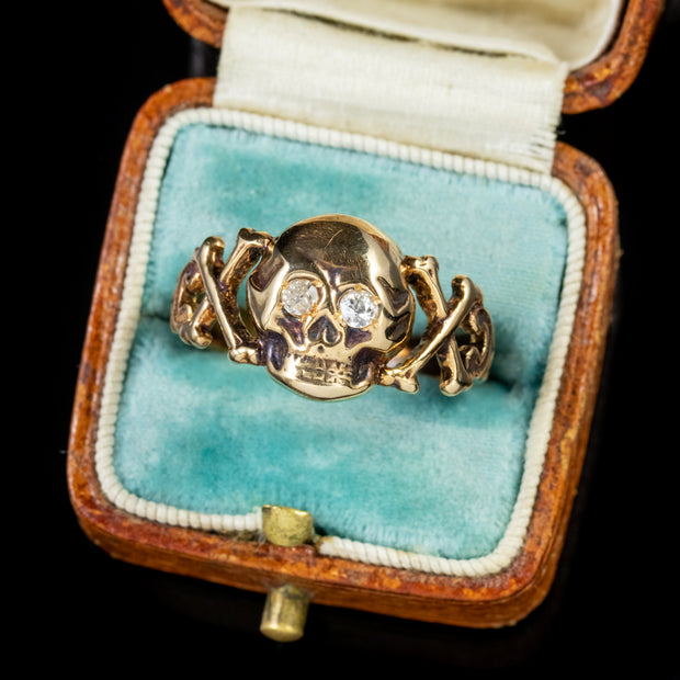 Memento Mori Diamond Skull Cross Bone Ring 15Ct Yellow Gold