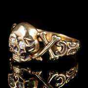 Memento Mori Diamond Skull Cross Bone Ring 15Ct Yellow Gold