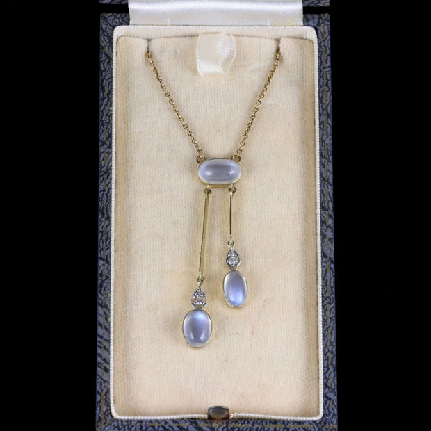 Moonstone Diamond Necklace Boxed Circa 1900 9Ct Gold