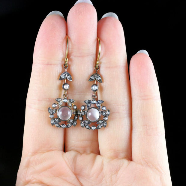 Moonstone Pearl Diamond Earrings 18Ct Yellow Gold Silver