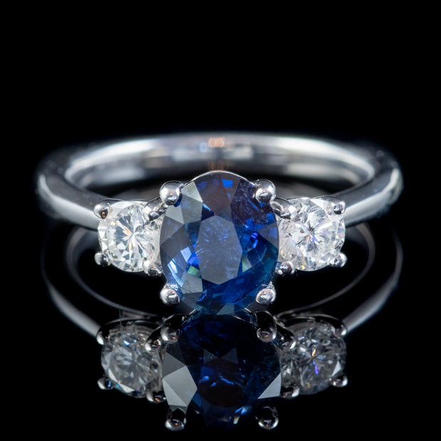 Edwardian Style Natural Sapphire Diamond Trilogy Engagement Ring 18ct Gold 1.73ct Sapphire Cert