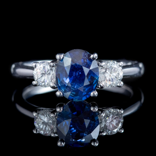 Edwardian Style Natural Sapphire Diamond Trilogy Engagement Ring 18ct Gold 1.73ct Sapphire Cert