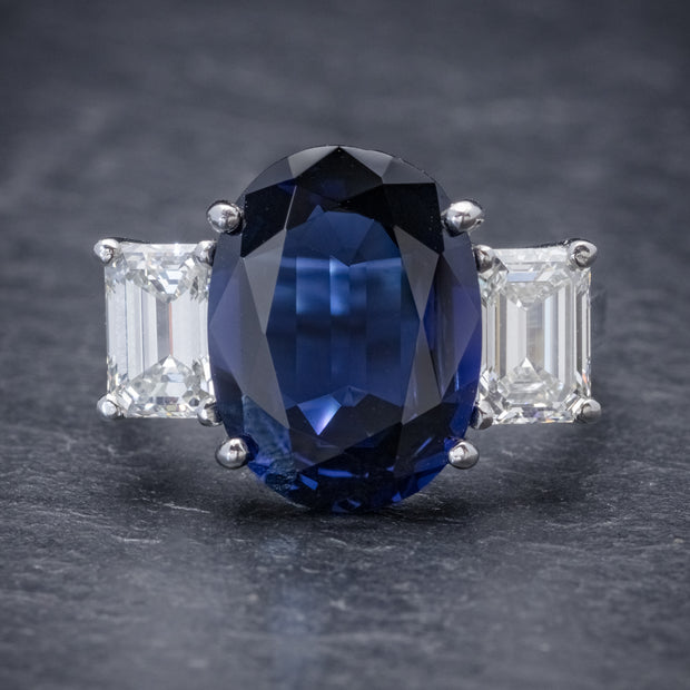 Art Deco Style Sapphire Diamond Trilogy Ring 6.96ct Sapphire 2.07ct Diamond With Cert