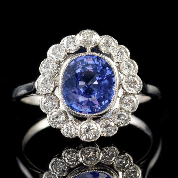 Edwardian Style Sapphire Diamond Cluster Ring 2ct Blue Sapphire