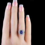 Edwardian Style Sapphire Diamond Cluster Ring 2ct Blue Sapphire