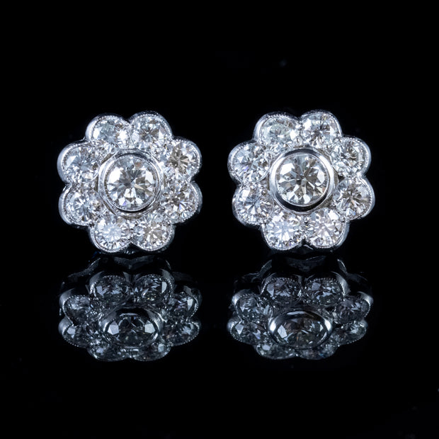 Old Cut Diamond Cluster Earrings 18Ct White Gold 3.20Ct Of Diamond