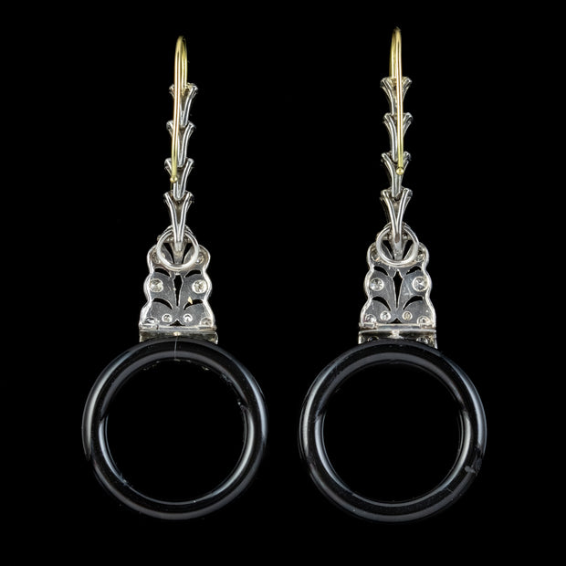 Onyx Diamond Hoop Drop Earrings Platinum 18ct Gold Wires
