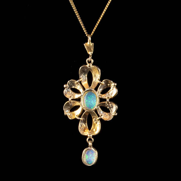 Edwardian Style Opal Pendant Necklace Silver 18ct Gold Gilt