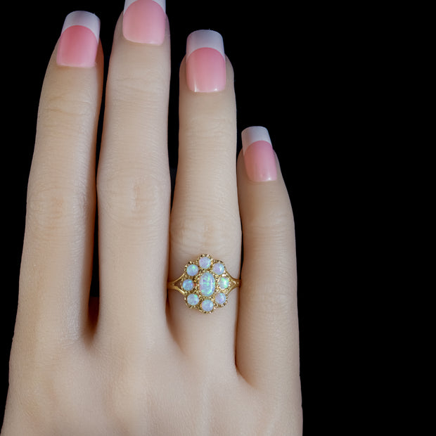 Victorian Style Opal Cluster Ring Silver 18ct Gold Gilt hand