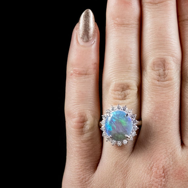 Opal Diamond Cluster Ring Platinum 3.4Ct Opal Circa 1960