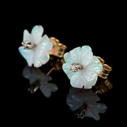 Victorian Style Opal Diamond Flower Stud Earrings 9Ct Gold