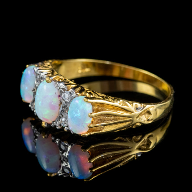 Victorian Style Opal Trilogy Ring 18ct Gold Silver