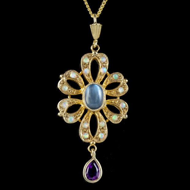 Edwardian Style Opal Moonstone Amethyst Pendant Necklace Silver Gilt