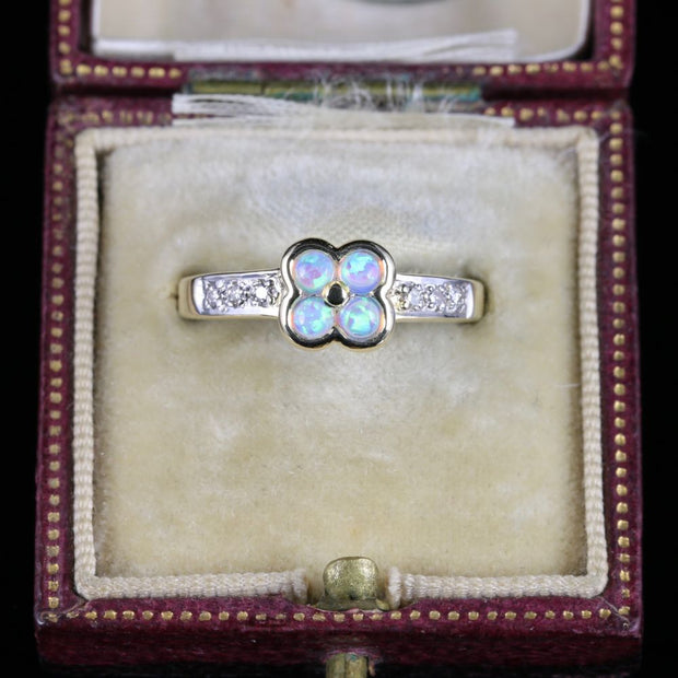 Opal Diamond Flower Ring 9Ct Gold