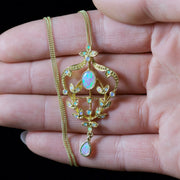 Victorian Style Opal Floral Pendant Necklace 18Ct Gold On Silver
